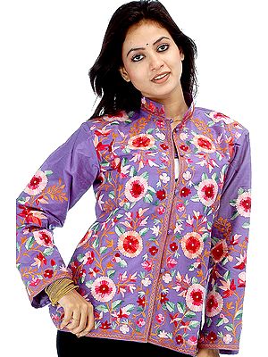 Blue Kashmiri Jacket with Embroidered Flowers All-Over