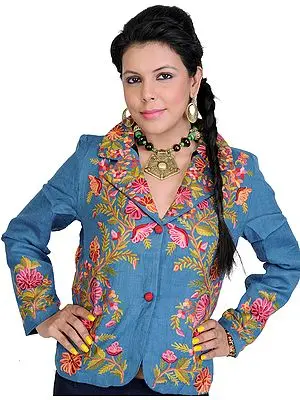 Blue-Heaven Short Jacket from Kashmir with Crewel Embroidered Flowers by Hand