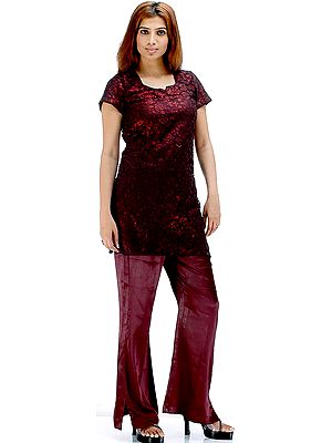 Bordeaux Floral Brocaded Net Top with Satin Lining and Salwar (Two Piece)