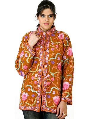 Bronze Aari Jacket from Kashmir with Embroidered Flowers