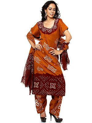 Brown Bandhani Salwar Kameez Suit with Mirrors and Threadwork