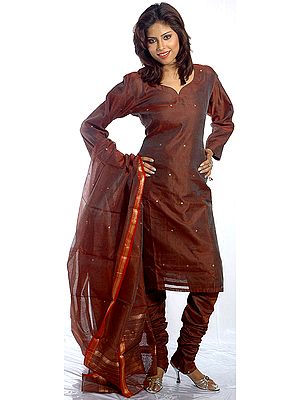 Brown Chanderi Salwar Suit with All-Over Golden Bootis and Zari Border
