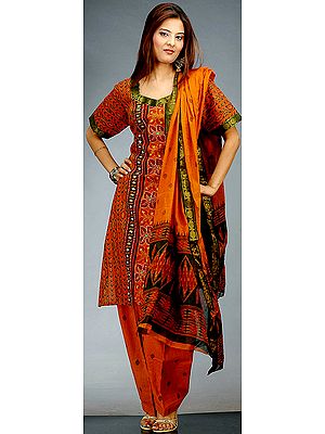 Brown Printed Sanganeri Suit with Kantha Stitch