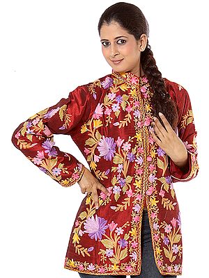 Burgundy Jacket with All-Over Floral Embroidery