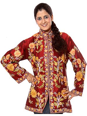 Burgundy Kashmiri Jacket with Embroidery All-Over