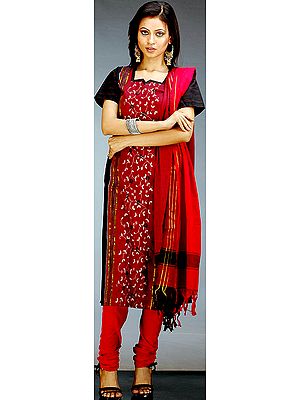 Burgundy South Cotton Choodidaar Suit with Threadwork