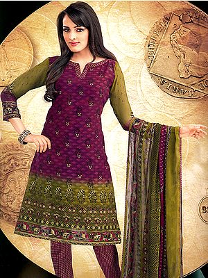 Burn Russet-Red Choodidaar Kameez Suit with Printed Flowers