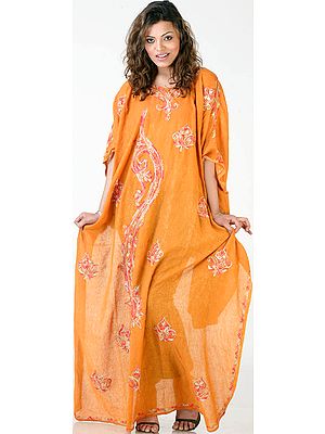 Burnt-Orange Kaftan from Kashmir with Aari-Embroidered Flowers
