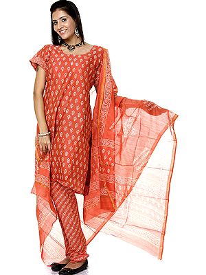 Burnt-Sienna Block-Printed Chanderi Choodidaar Salwar Suit