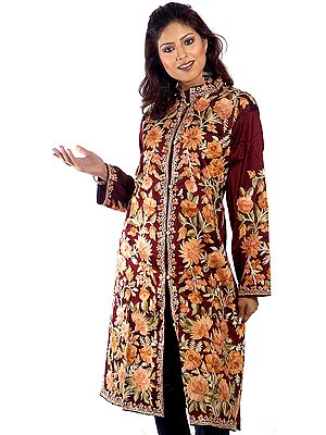 Burnt-Umber Long Kashmiri Jacket with All-Over Embroidered Flowers
