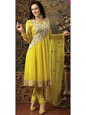 Buttercup-Yellow Anarkali Suit with Embroidered Flowers on Neck and Gota Border