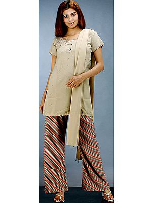 Camel Colored Printed Suit with Parallel Salwar