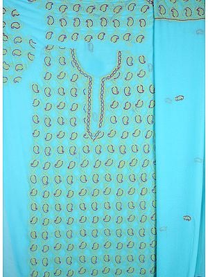 Capri-Blue Chikan Salwar Kameez Fabric from Lucknow with Hand-Embroidered Paisleys