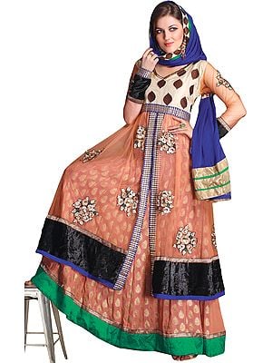 Caramel Anarkali Churidar Long Kameez Suit with Patchwork and Faux Pearls
