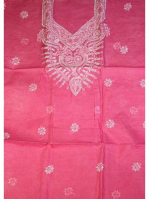 Cerise Salwar Suit Fabric with All-Over Lukhnavi Chikan Embroidery