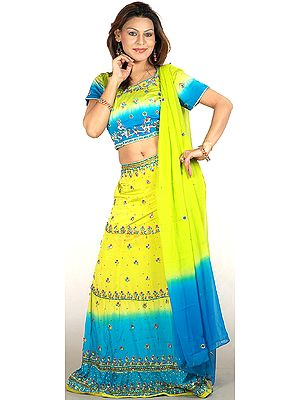 Chartreuse and Turquoise Lehenga Choli with Multi-Color Sequins