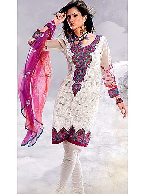 Chic-White Designer Choodidaar Suit with Crewel Embroidery on Neck and Crochet Kameez