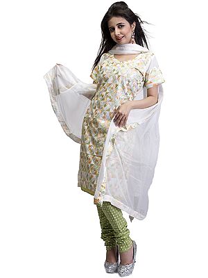 Chic-White Phulkari Salwar Kameez Suit From Punjab with Aari Embroidery All-Over