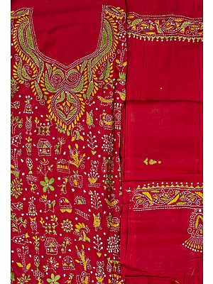 Chilli Pepper-Red Salwar Kameez Fabric with Kantha Embroidery All Over