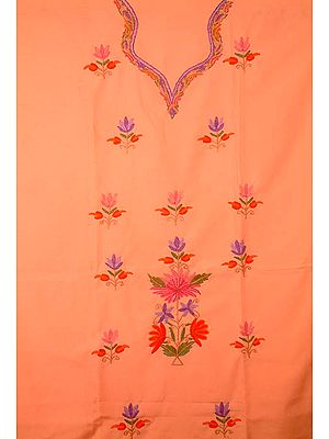 Coral Two-Piece Kashmiri Suit with Floral Aari Embroidery on Kameez