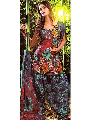 Cordovan Patiala Salwar Kameez with Large Printed Flowers All-Over