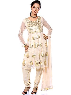 Cream Choodidaar Suit with Floral Appliqué Work