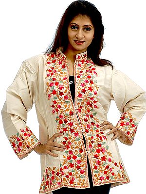 Cream Kashmiri Jacket with Embroidered Flowers on Border