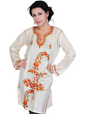 Cream Kashmiri Kurti with Embroidered Flowers by Hand