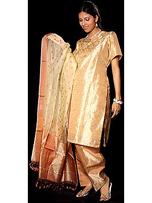 Cream Kora Silk Salwar Suit from Banaras with All-Over Weave