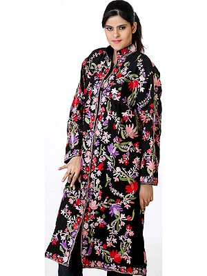Crewel Embroidered Black Long Floral Jacket from Kashmir