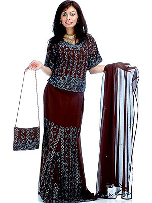 Dark Coffee Brown Lehenga Choli with All Over Beadwork and Matching Handbag