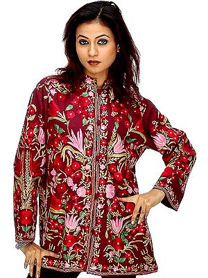 Floral Dark Maroon Kashmiri Aari Jacket