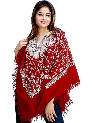 Dark Maroon Poncho with Jaal Aari Embroidery
