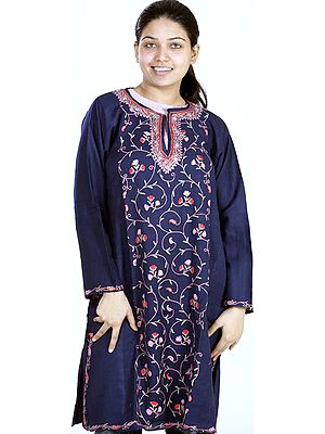 Dark-Blue Phiran from Kashmir with Embroidered Creepers