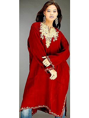 Deep Maroon Kashmiri Phiran with Needle Embroidery