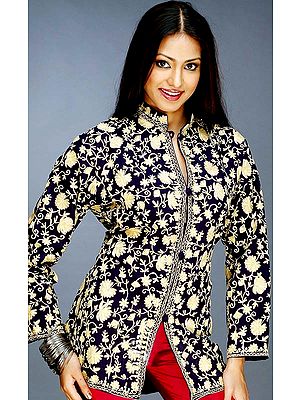Deep-Blue Jacket with Floral Aari Embroidery