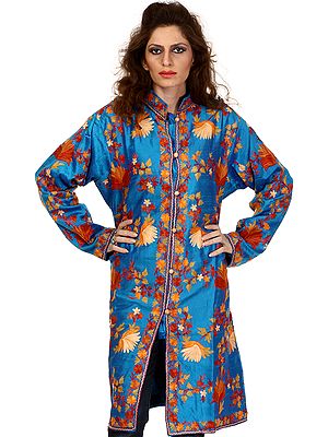 Diva-Blue Long Kashmiri Jacket with Crewel Embroidered Flowers All-Over
