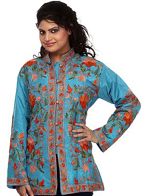 Ethereal-Blue Kashmiri Jacket with Aari Embroidered Flowers