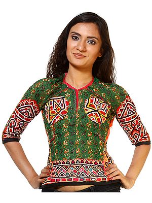 Evergreen Antiquated Backless choli from Kutch with Multi-Color Rabari Embroidery