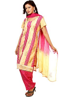 Fawn and Magenta Salwar Kameez Fabric with Gota Work and Painted Leaves