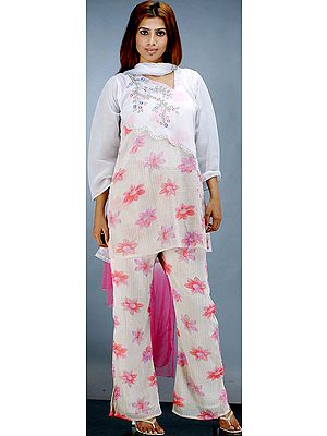 Floral Printed Fish Cut Suit with Embroidery on Front