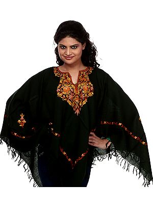Forest-Green Poncho with Aari Embroidered Paisleys by Hand on Neck and Border