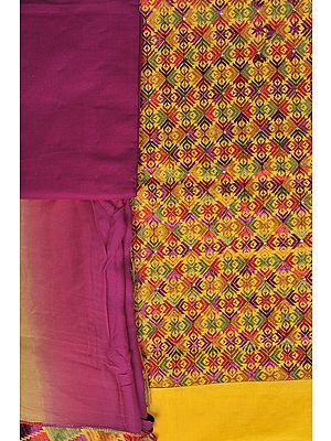 Freesia-Yellow Phulkari Salwar Kameez Fabric From Punjab with Aari Embroidery