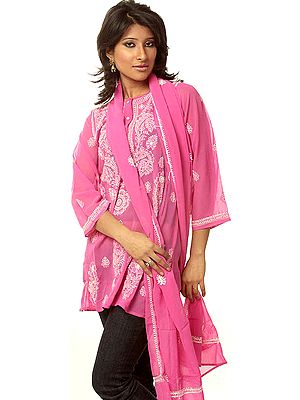 Fuchsia Chikan Embroidered Kurti Top with Stole