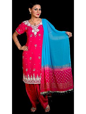 Fuchsia Patiala Salwar Kameez with Beads and Golden Bootis