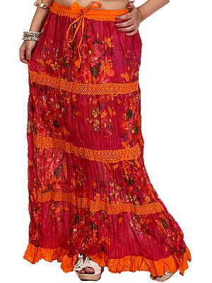 Fushia-Purple and Orange Skirt with Printed Flowers and Crochet