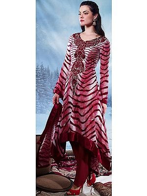 Garnet-red long Salwar Kameez Suit with Embroidery on the Neck and Printed Tiger Stripes