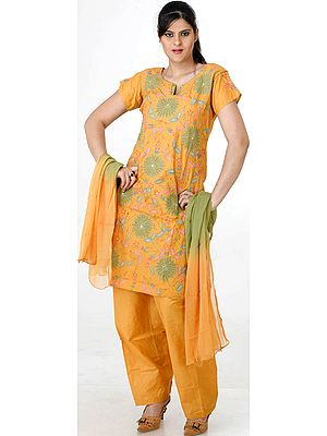 Golden Salwar Kameez Suit with Appliqué Work and Embroidery