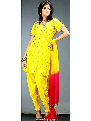 Golden Yellow Churidar Suit with Beaded Bootis and Sequins