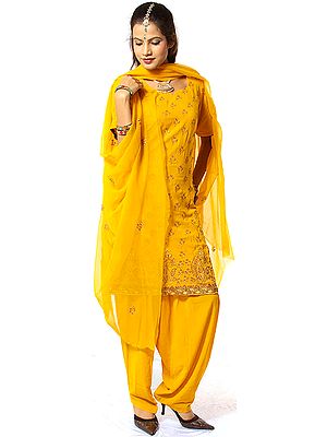 Golden-Yellow Salwar Kameez Suit with Needle-Stitch Embroidery